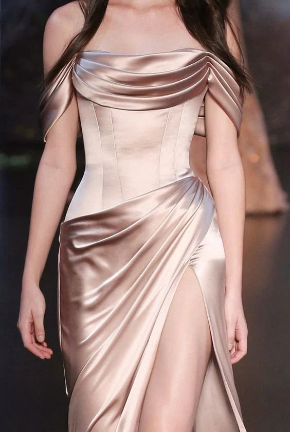 Wholesale Elegant Sheath Off The Shoulder Satin Champagne Slit Prom Dresses Evening Dress formal wear dresses